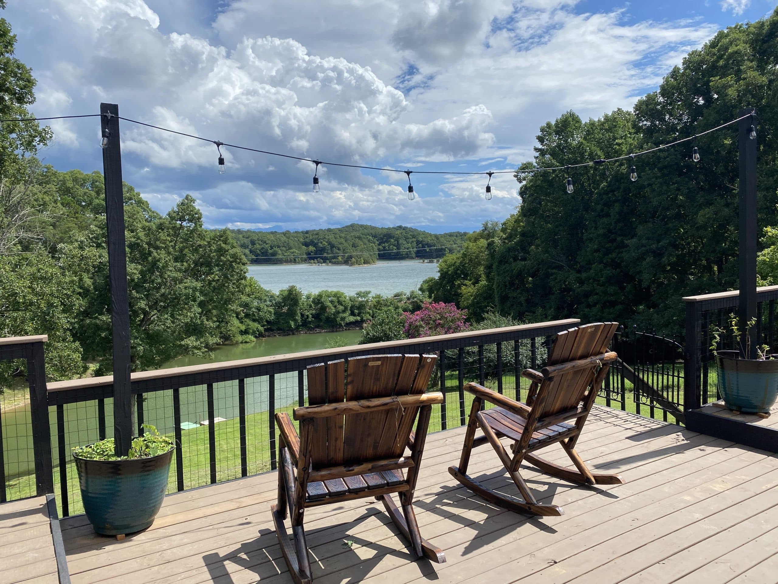 Rocking chairs on the deck of the Dandridge cottage above Douglas Lake